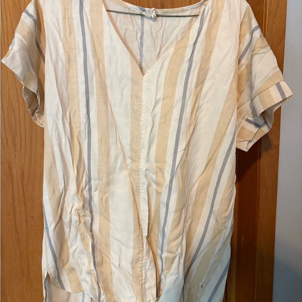 J.O.A. Cream and Tan Striped V-Neck Blouse